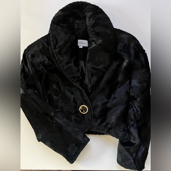 90s black faux lamb cropped jacket w shawl collar braid trim. Never worn. Sz S - Picture 4 of 7